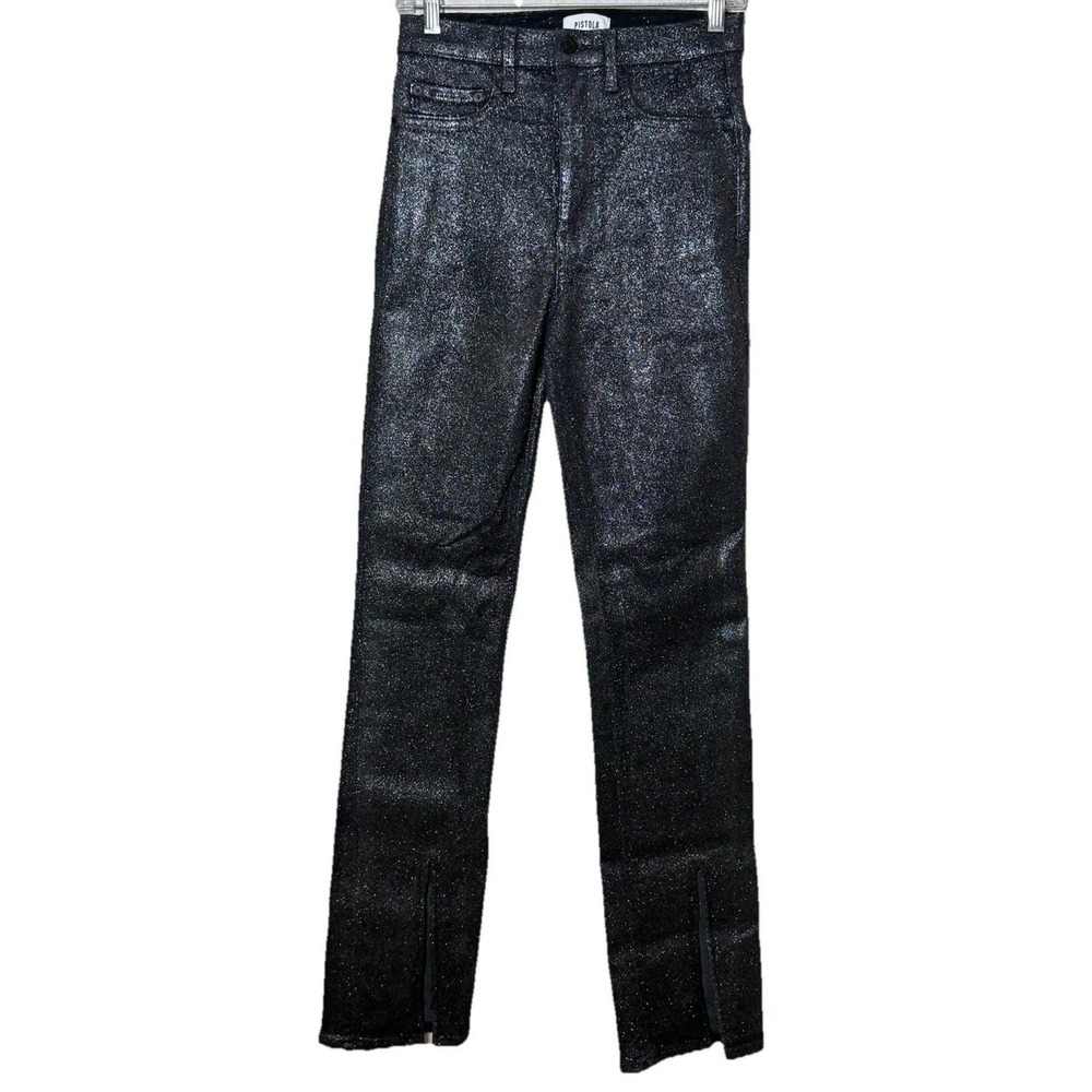 Pistola Jeans Womens 28 Black Silver Metallic Glitter Split Hem Party Disco Glam